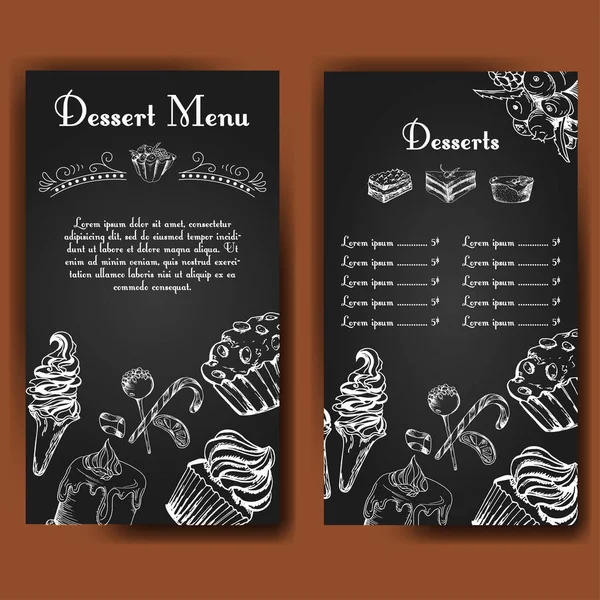 Template for dessert menu with sweet tasty cakes. Hand drawn design for poster, restaurant menu. Bakery sketch background — Stock Vector