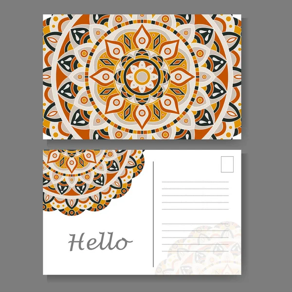 Vintage mandala ontwerp voor briefkaart. Vectorillustratie. Ontwerp voor wenskaart met decoratieve versiering — Stockvector