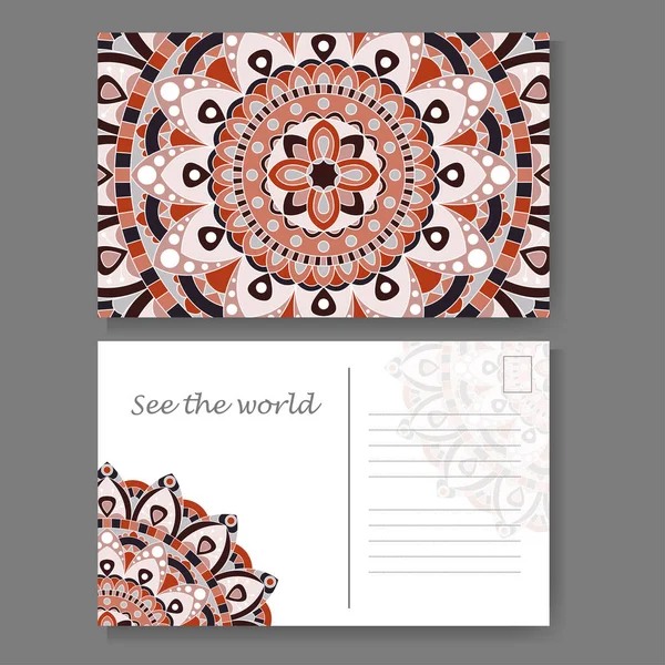 Vintage mandala ontwerp voor briefkaart. Vectorillustratie. Ontwerp voor wenskaart met decoratieve versiering — Stockvector