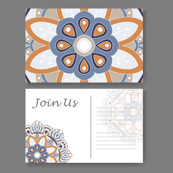 Vintage mandala ontwerp voor briefkaart. Vectorillustratie. Ontwerp voor wenskaart met decoratieve versiering — Stockvector