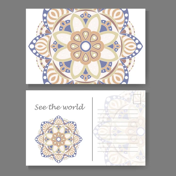 Vintage mandala ontwerp voor briefkaart. Vectorillustratie. Ontwerp voor wenskaart met decoratieve versiering — Stockvector