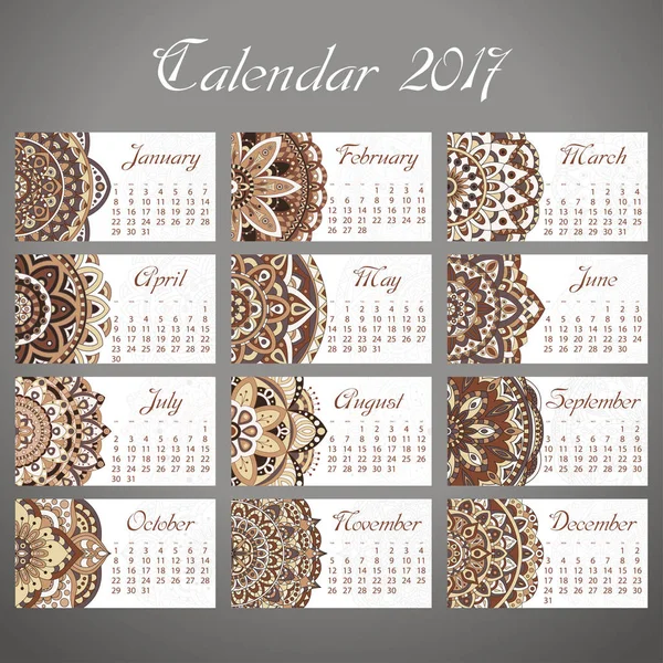 Calendario vectorial 2017 con elementos decorativos. Diseño de mandala vectorial. Plantilla se puede utilizar para la web y el diseño de impresión . — Archivo Imágenes Vectoriales