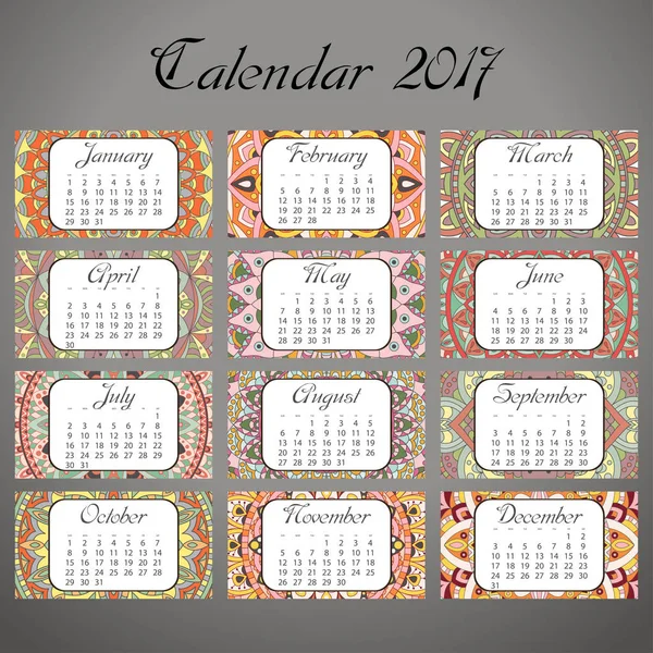 Calendrier vintage décoratif 2017. Modèle oriental. La conception vectorielle de mandala peut être employée pour l'affiche, la bannière, la carte — Image vectorielle