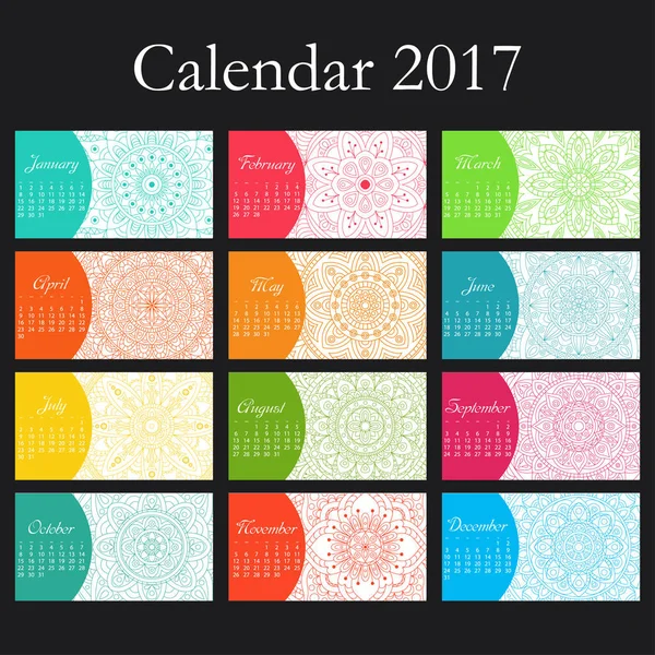 Calendário vintage decorativo 2017. Padrão oriental. Design de mandala vetorial pode ser usado para cartaz, banner, cartão — Vetor de Stock