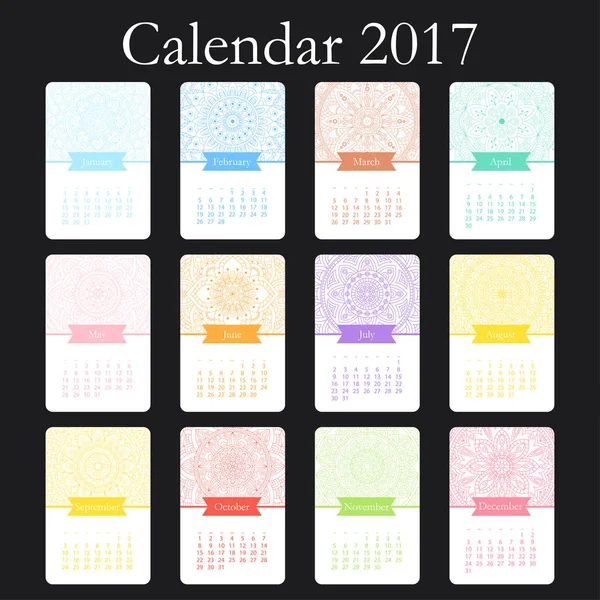 Calendario vettoriale 2017 con elementi decorativi. Progettazione mandala vettoriale. Il modello può essere utilizzato per la progettazione web e di stampa . — Vettoriale Stock