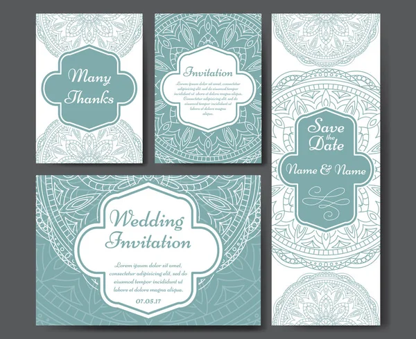 Conjunto de invitaciones de boda. Plantilla de tarjetas de boda con concepto individual. Diseño para invitación, tarjeta de agradecimiento, guardar la tarjeta de fecha . — Vector de stock