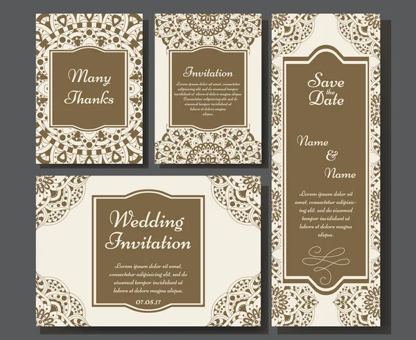 Coleção de cartão de casamento com mandala. Modelo do cartão de convite. Design de convites decorativos com o Islã vintage, árabe, matifs indianos . — Vetor de Stock