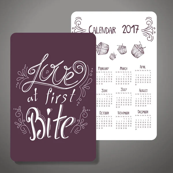 Calendário vetorial 2017. Design com citação. Amor na primeira mordida . — Vetor de Stock