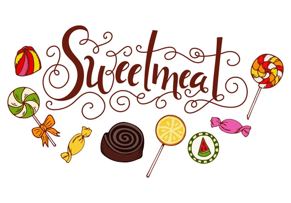 手绘刻字。甜食。标签与糖果，棒棒糖，口香糖。与美味元素设计模板 — 图库矢量图片