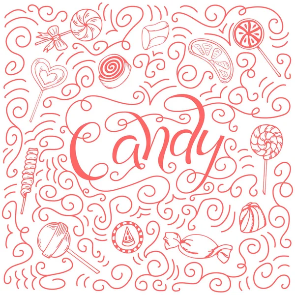 Handgezeichnete Schriftzüge. Süßigkeiten. Etikett mit Bonbons, Lutscher, Kaugummi. Design-Vorlage mit leckeren Elementen — Stockvektor