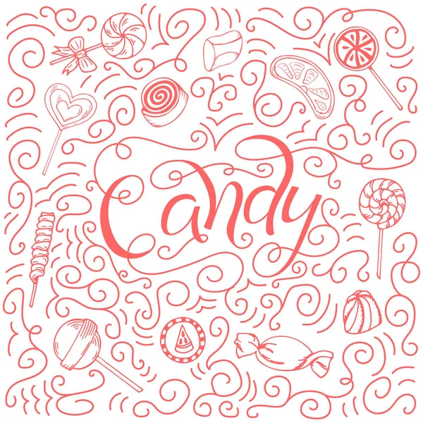 Letras dibujadas a mano. Dulces. Etiqueta con caramelos, piruleta, chicle. Plantilla de diseño con elementos deliciosos — Vector de stock