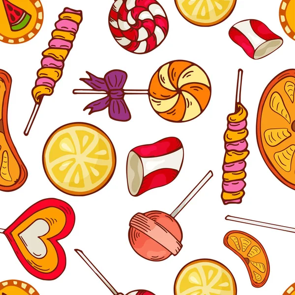Sweets seamless pattern. Vector illustration with hand drawn sketch elements. Colorful background with various candies. — Stock Vector