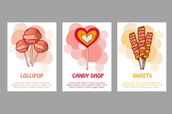 Modelo de vetor para cartão de visita com doces doces desenhados à mão. Cartaz da loja de comida. Brochura com pirulito, chiclete, nicy —  Vetores de Stock