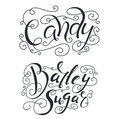 El yazı çekilmiş. Şeker, şeker, sakız ile etiketleyin. Lezzetli elemanları ile tasarım şablonu