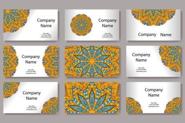 Kartvizit kümesi. Vintage desen mandala retro tarzı. El çekilmiş Islam, Arapça, Indian, dantel modeli