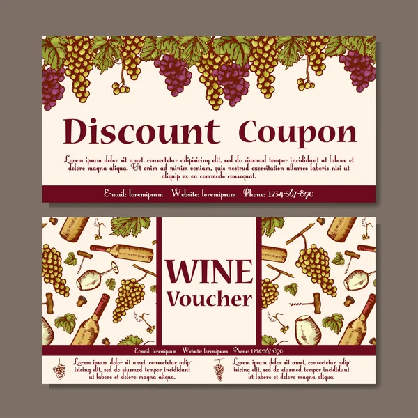 Plantilla de cupón vectorial para bebidas. Conjunto de pancartas de vino con bocetos. Ilustración para voucher, etiqueta, tarjeta . — Vector de stock