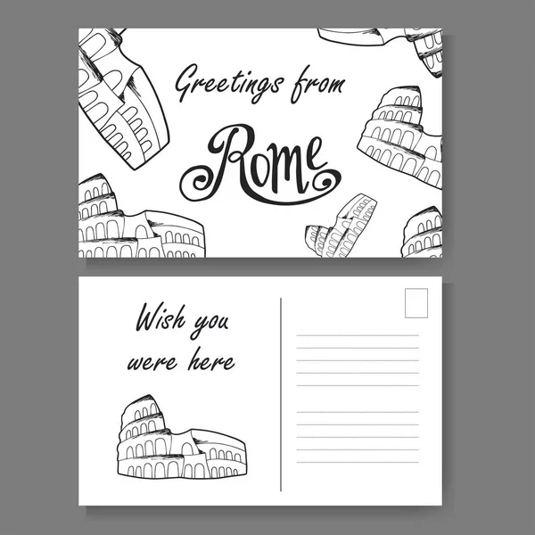 Briefkaart uit Rome. Met de hand getekende letters en schetsen. Groeten uit Italië. Vector illestration — Stockvector