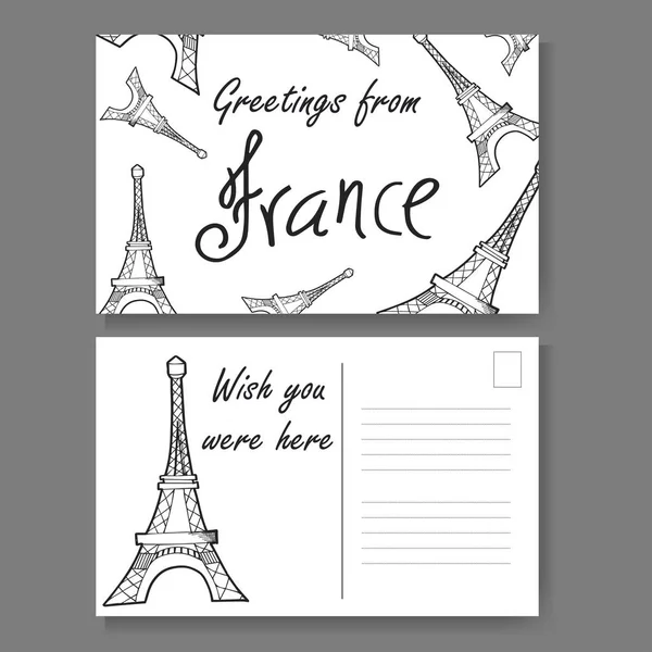 Una postal de París. Letras y bocetos dibujados a mano. Saludos desde Francia. Ilustración vectorial — Archivo Imágenes Vectoriales