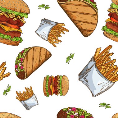 Fast food desen. El retro şekil çizin. Vintage tasarım.