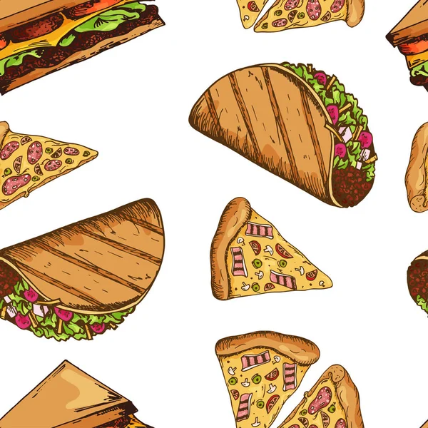Fast food mönster med taco. Hand Rita retro illustration. Vintage design. — Stock vektor