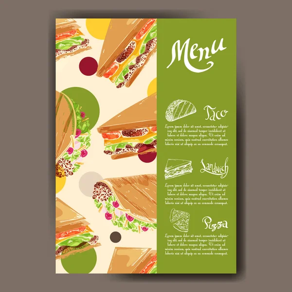 Café-Menü mit handgezeichnetem Design. Fast-Food-Restaurant Menüvorlage. Karten für die Corporate Identity. Vektorillustration — Stockvektor