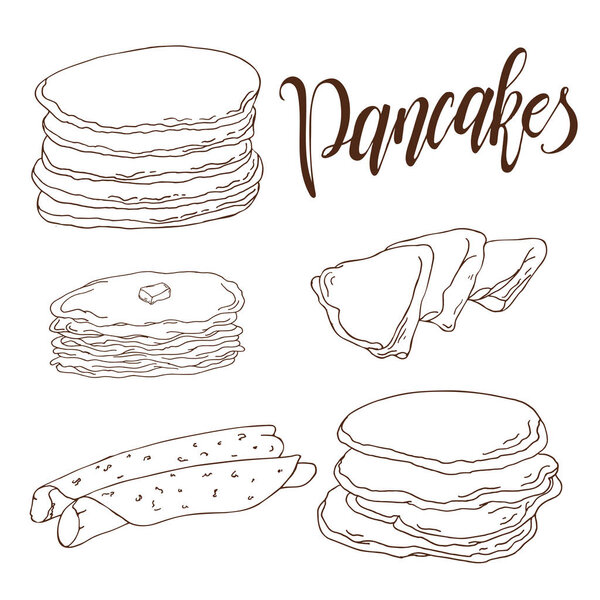 Pancakes vector illustration. Bakery design. Beautiful card with decorative typography element.