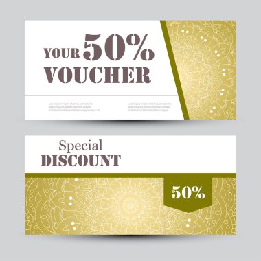 Mandala hediye çeki şablonu. Spor ya da yoga Merkezi, dergi veya vb için sertifika tasarlayın. Vektör hediye kuponu ile süsleme arka plan üzerinde