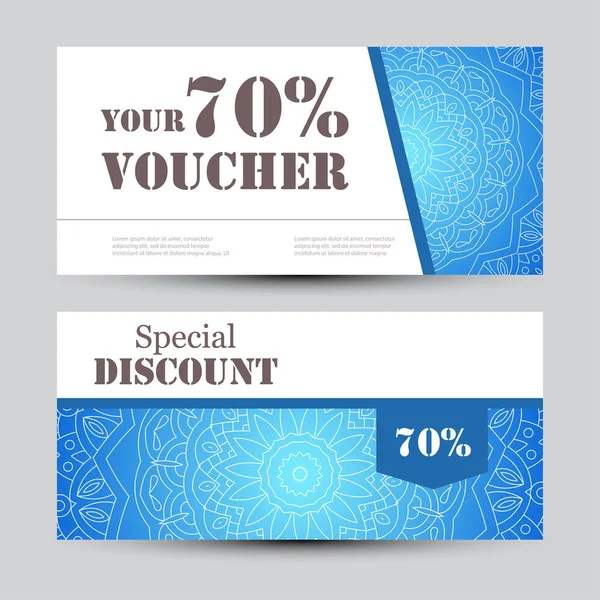 Gift voucher template with mandala. Design certificate for sport center, magazine or etc. Vector gift coupon with ornament on background — Stock Vector