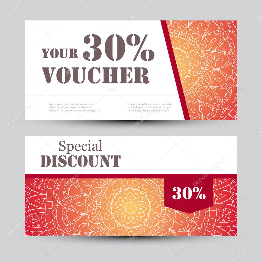 Gift voucher template with mandala. Design certificate for sport or yoga center, magazine or etc. Vector gift coupon with ornament on background