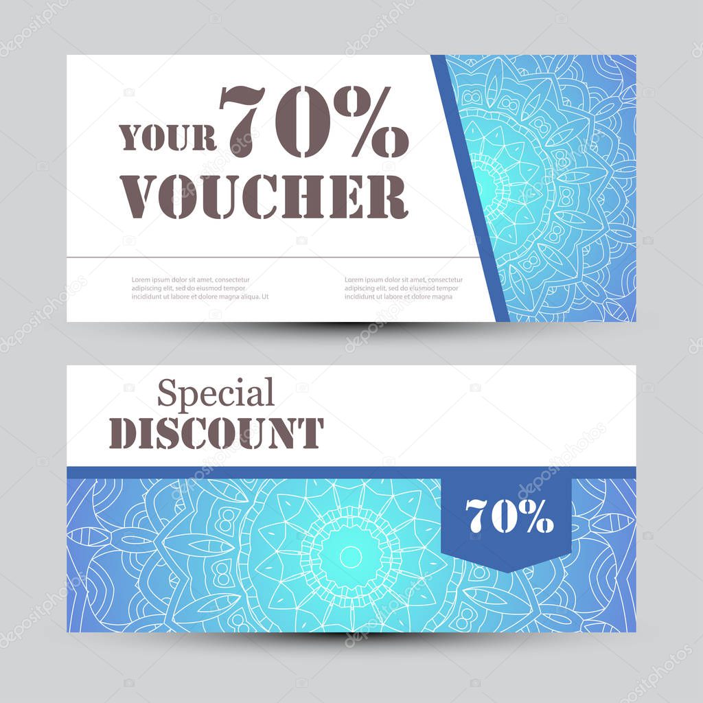 Gift voucher template with mandala. Design certificate for sport center, magazine or etc. Vector gift coupon with ornament on background