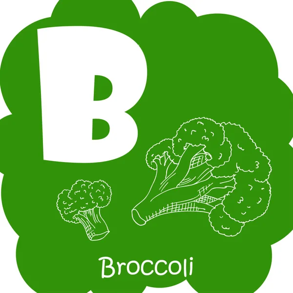 Alfabeto per bambini con verdure. Lettera sana abc B-Broccoli — Vettoriale Stock