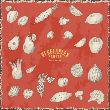 Vektör elle çizilmiş kroki meyve ve sebzeler. Isotaled öğeler için kart veya poster