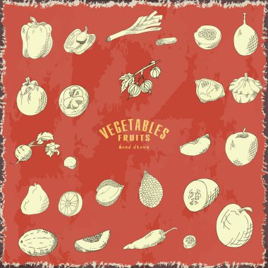 Elle çizilmiş sebze ve meyve. Vektör doğal gıda taze koleksiyonu. Kroki çizim