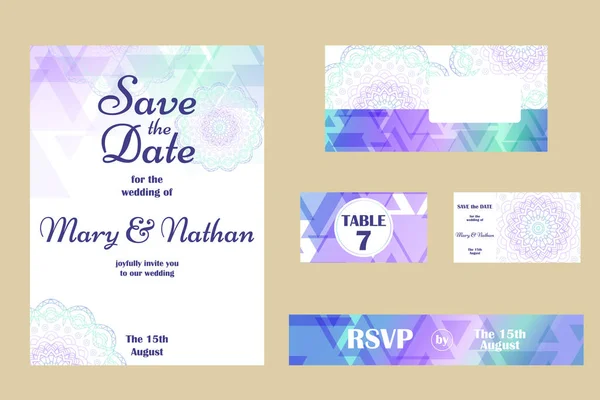 Set of wedding invitations. Wedding cards template with individual concept. Design for invitation, thank you card, save the date card — Stock Vector
