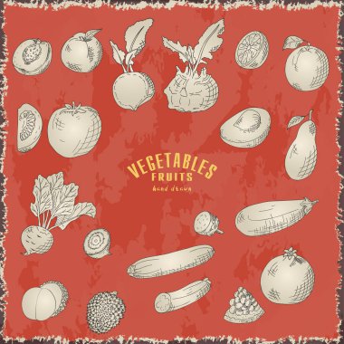 Elle çizilmiş sebze ve meyve. Vektör doğal gıda taze koleksiyonu. Kroki çizim
