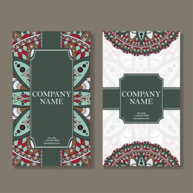 Kartvizit kümesi. Vintage desen mandala retro tarzı. El çekilmiş Islam, Arapça, Indian, dantel modeli.