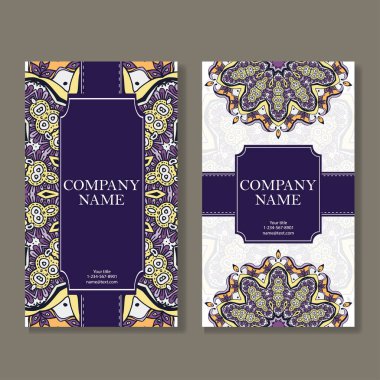 Kartvizit kümesi. Vintage desen mandala retro tarzı. El çekilmiş Islam, Arapça, Indian, dantel modeli.