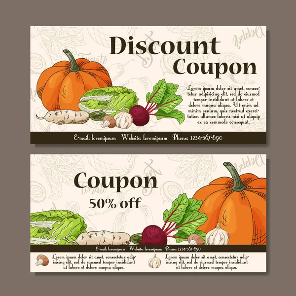 Vector coupon sjabloon met groenten. Set van boer banners met schetsen. Illustratie bij bon, label, kaart — Stockvector
