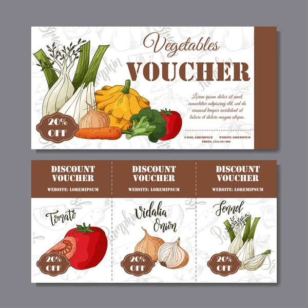 Cafe discount voucher for your business. Modern style with food element on background. Template vector with vegetables for farmers — Stock Vector