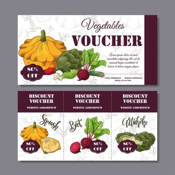 Vector coupon template with vegetables. Set of farmer banners with sketches. Illustration for voucher, label, card — Stock Vector