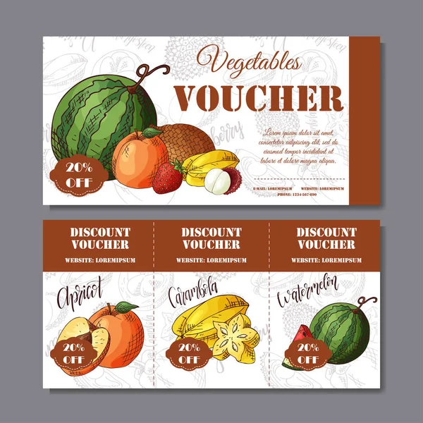 Cafe discount voucher for your business. Modern style with food element on background. Template vector with fruitsf or farmers. — Stock Vector