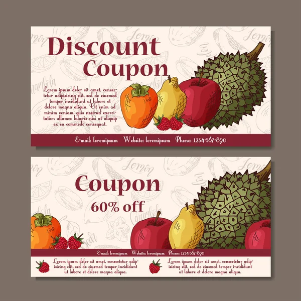 Cafe discount voucher for your business. Modern style with food element on background. Template vector with fruitsf or farmers. — Stock Vector