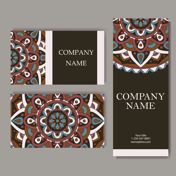 Set of business cards. Vintage pattern in retro style with mandala. Hand drawn Islam, Arabic, Indian, lace pattern. — Stock Vector