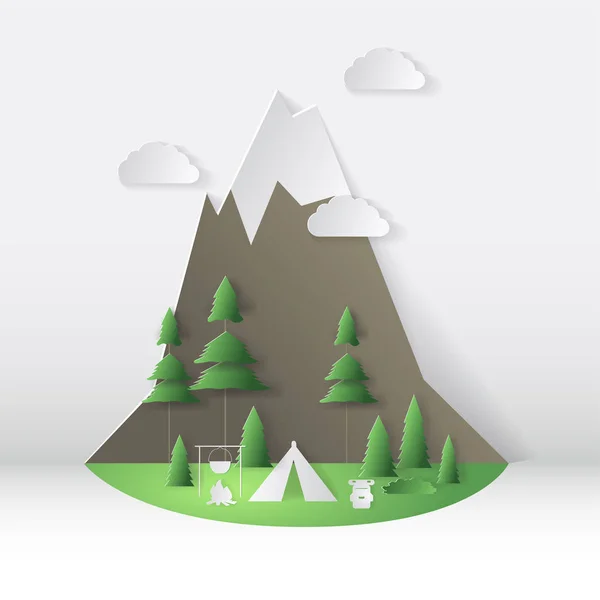 Estilo de corte de papel de camping de verano. Concepto con montaña, árboles. Ilustración vectorial — Archivo Imágenes Vectoriales