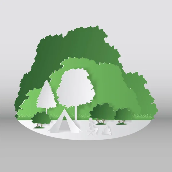 Estilo de corte de papel de camping de verano. Concepto con montaña, árboles, gente en un picnic. Ilustración vectorial — Archivo Imágenes Vectoriales
