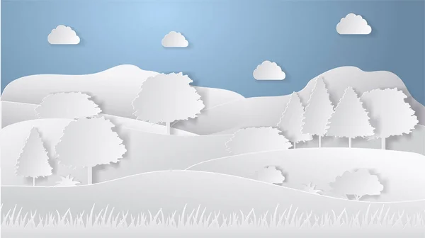 Estilo de corte de papel de camping de verano. Concepto con colinas, árboles. Ilustración vectorial — Archivo Imágenes Vectoriales