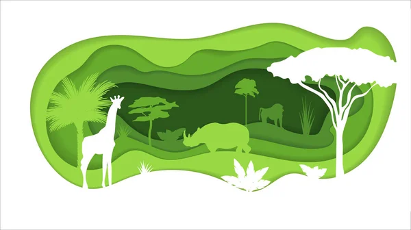 Paper Crafted Cutout World. Concepto de selva tropical. Ilustración vectorial — Archivo Imágenes Vectoriales