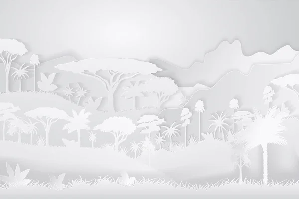 紙に細工された切り絵の世界。熱帯雨林ジャングルの概念。ベクトル図 — ストックベクタ