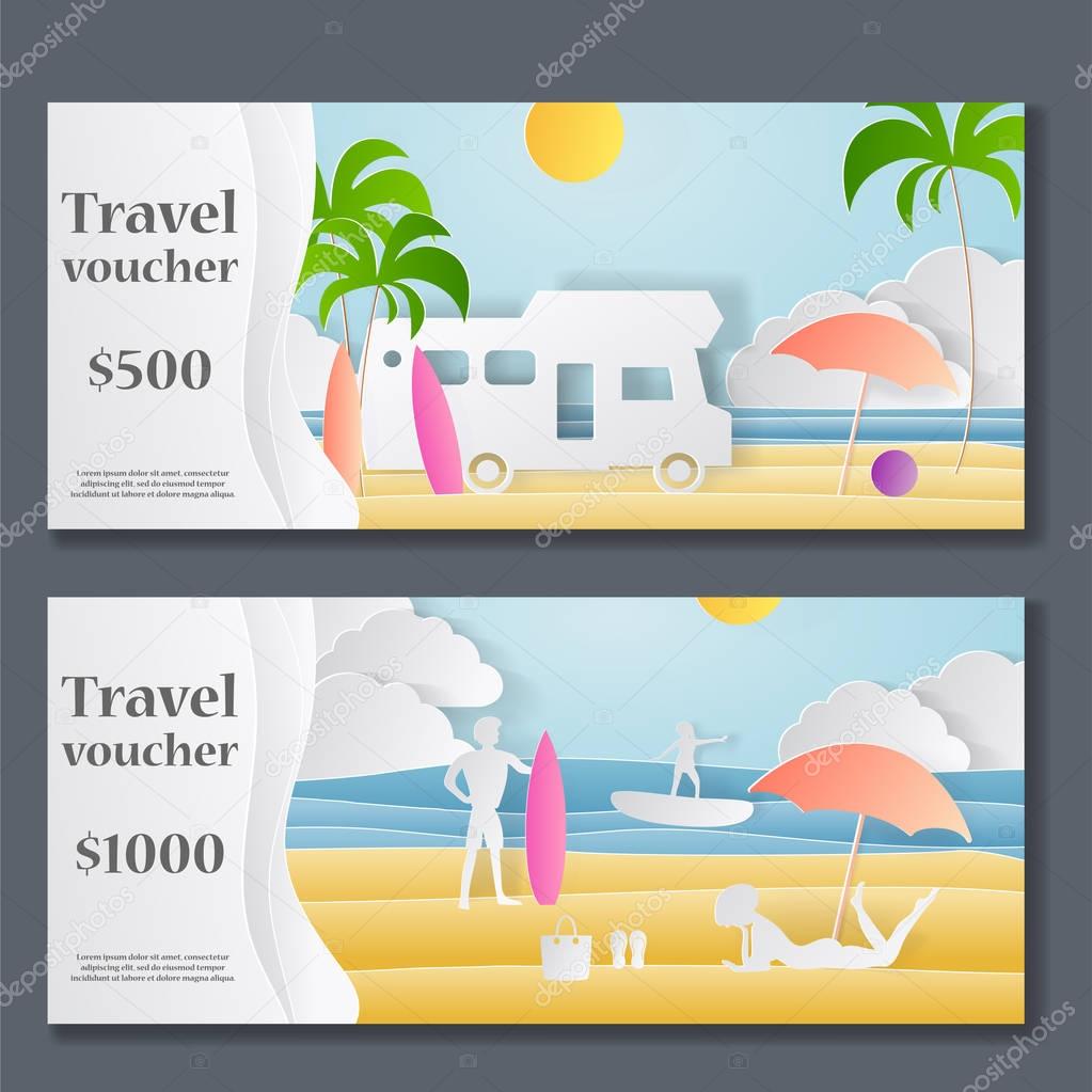 Gift Voucher template. Paper Crafted Cutout World. Concept of summer time, surf board and sea or ocean. Vector illustration