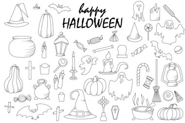 Hallowen öğeleri kümesi. Vektör goast, kabak, şapka simgeler. Ürkütücü illüstrasyon.